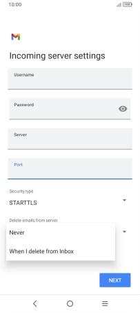 Press Never to keep email messages on the server when you delete them on your phone.
