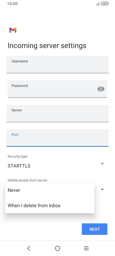 Press Never to keep email messages on the server when you delete them on your phone.