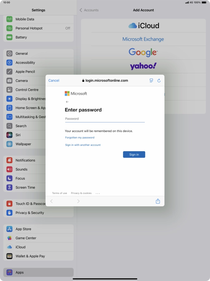 Press Password and key in the password for your email account.