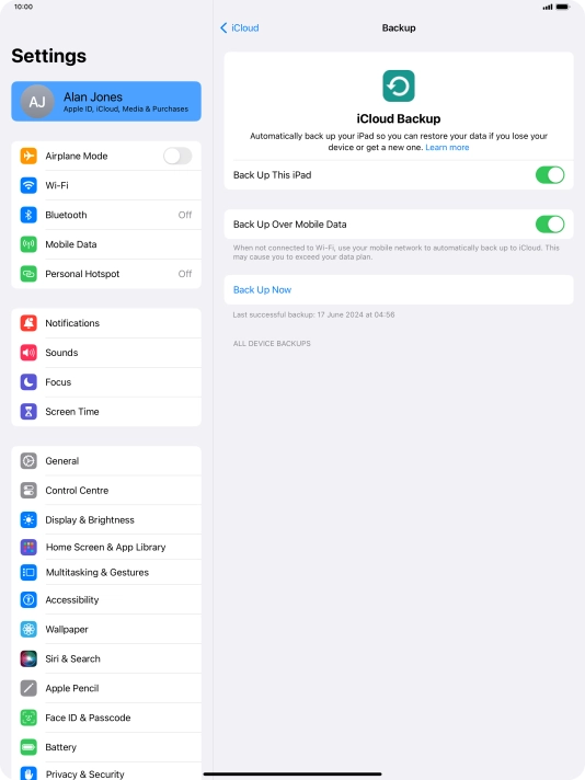 Press Back Up Now and wait while the tablet memory is backed up.