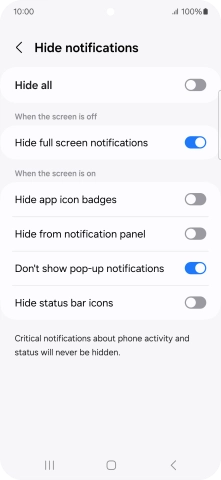 Press the indicators next to the required settings to turn display of the selected notification types on or off.
