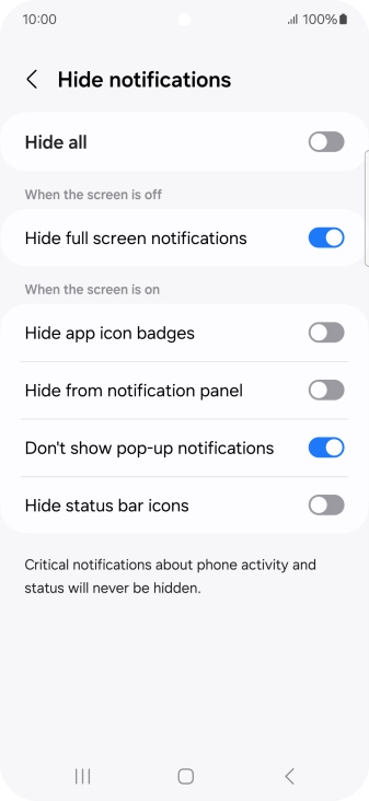 Press the indicators next to the required settings to turn display of the selected notification types on or off.
