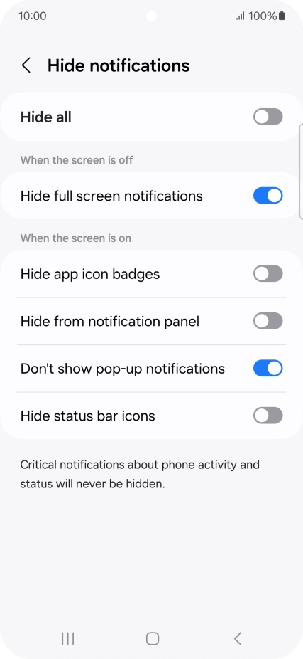 Press the indicators next to the required settings to turn display of the selected notification types on or off.