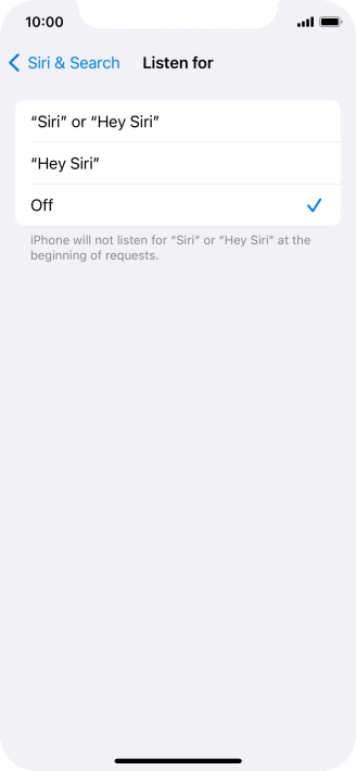 Press the required setting to turn the function on or off. If you turn on the function, you need to follow the instructions on the screen to set up Siri to recognise your voice.
