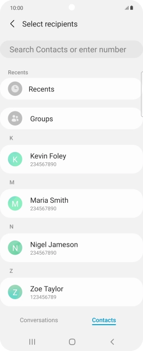 Press the search field and key in the first letters of the recipient's name.