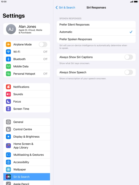 Press the required setting.