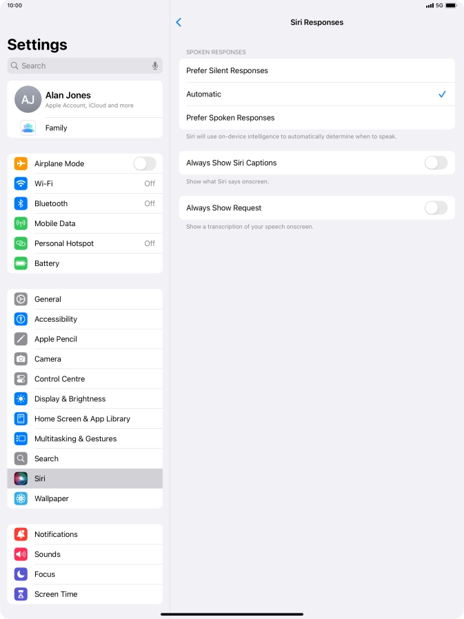Press the required setting.