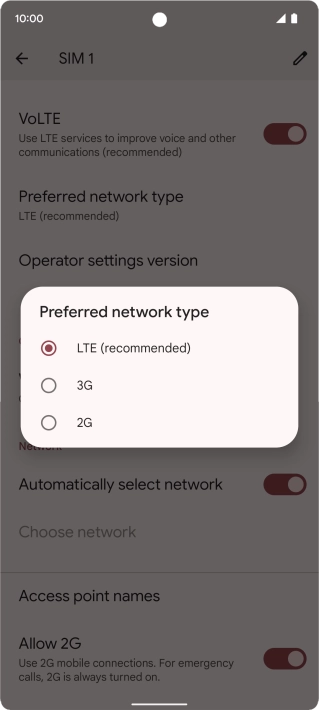 Press the required network mode.