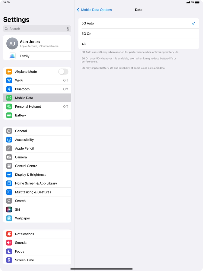 Press the required setting to turn the function on or off.
