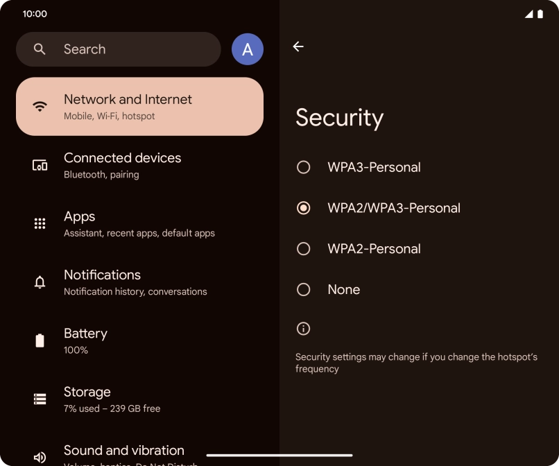 Press WPA3-Personal to password protect your Wi-Fi hotspot.