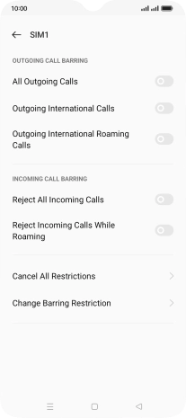 Press the indicator next to the required barring type to turn the function on or off. Press the indicator next to the required barring type to turn the function on or off.