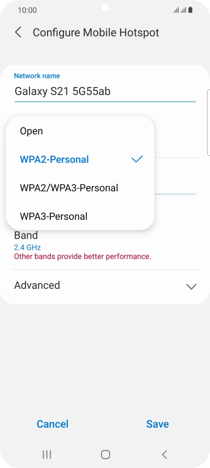 Press WPA2-Personal to password protect your Wi-Fi hotspot. Press WPA2-Personal to password protect your Wi-Fi hotspot.
