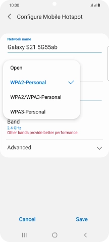 Press WPA2-Personal to password protect your Wi-Fi hotspot. Press WPA2-Personal to password protect your Wi-Fi hotspot.