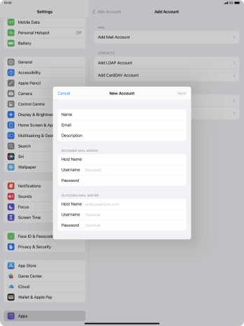 Press Username and key in the username for your email account.