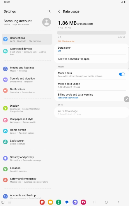The total data usage is displayed. The total data usage is displayed.