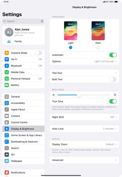 If you turn on the function, press Options and follow the instructions on the screen to select the required period of time for Dark Mode.