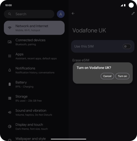 If you turn on use of the SIM, press Turn on. If you turn on use of the SIM, press Turn on.