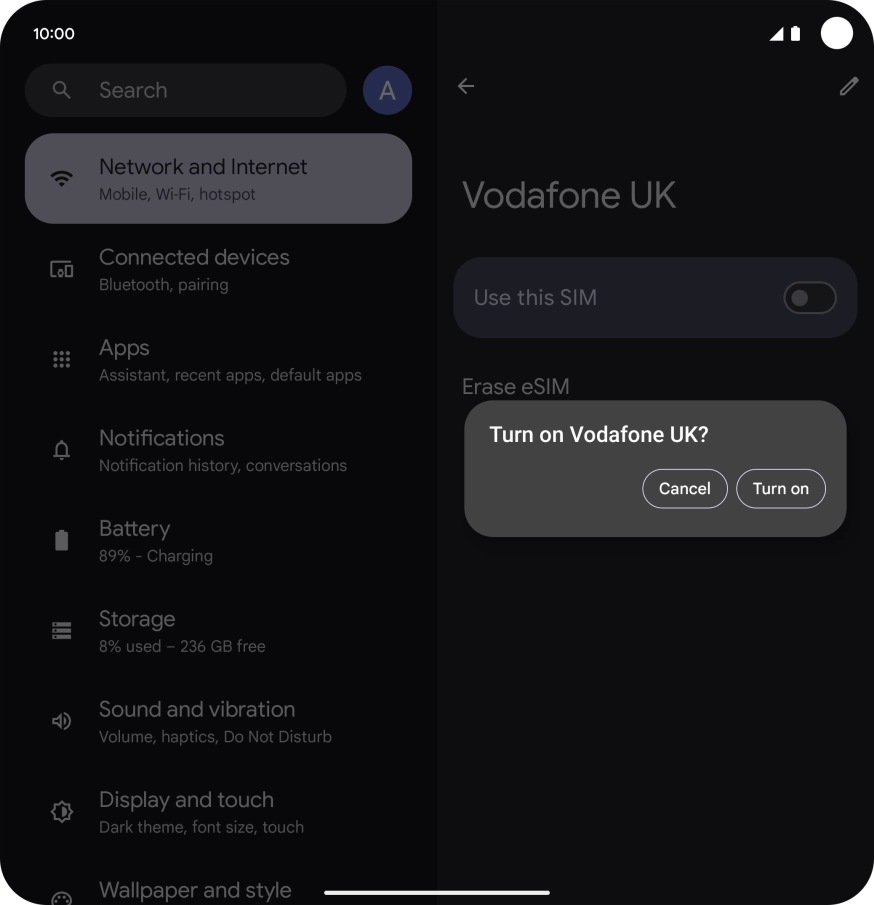If you turn on use of the SIM, press Turn on. If you turn on use of the SIM, press Turn on.