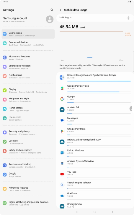 The data usage for each application is displayed below the name of the application.
