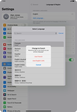 To select the new language as the default tablet language, press Use ‹language›.