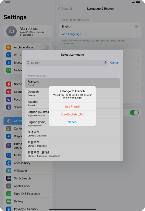 To select the new language as the default tablet language, press Use ‹language›.