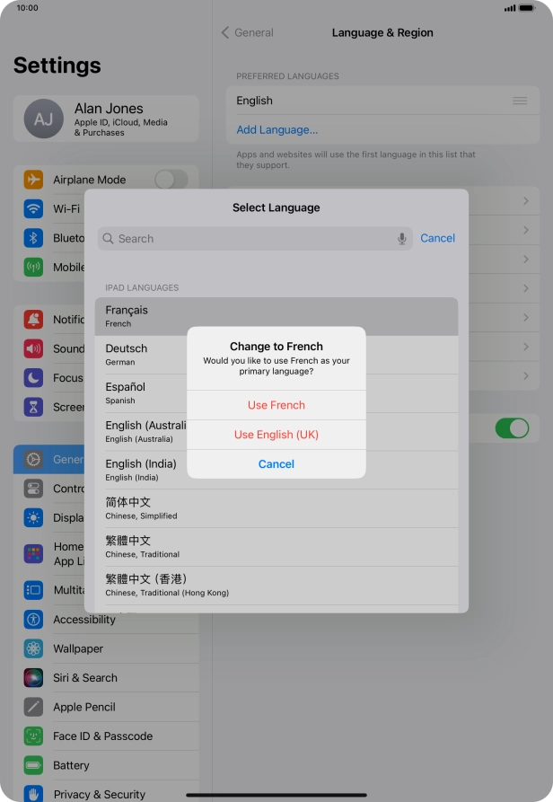 To select the new language as the default tablet language, press Use ‹language›.