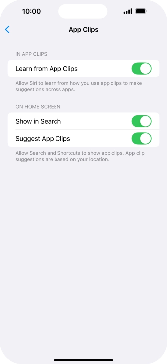 Press the indicators next to the required settings to turn them on or off.