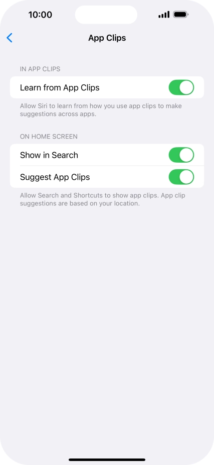 Press the indicators next to the required settings to turn them on or off.