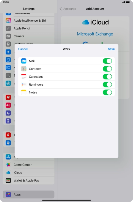 Press the indicators next to the required data types to turn synchronisation of each data type on or off.