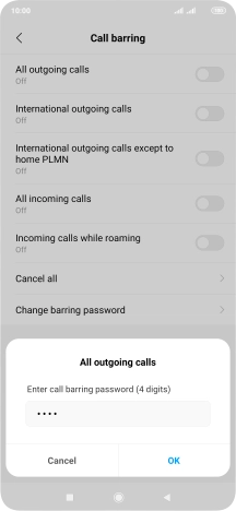 Key in your barring password and press OK. The default barring password is 1919.