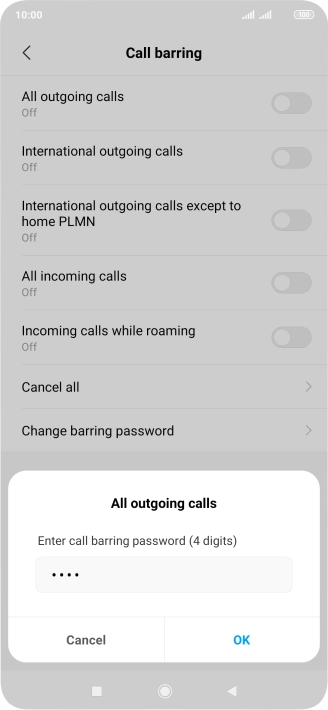 Key in your barring password and press OK. The default barring password is 1919.