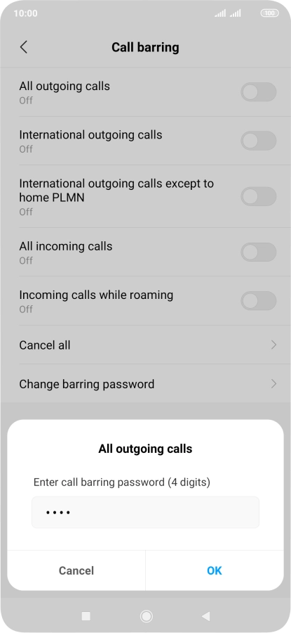 Key in your barring password and press OK. The default barring password is 1919.