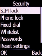 Select SIM lock and press the Left selection key.