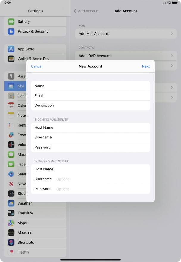 Press Username and key in the username for your email account.