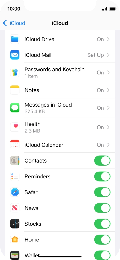 Press the indicators next to the required data types to turn synchronisation of each data type on or off.