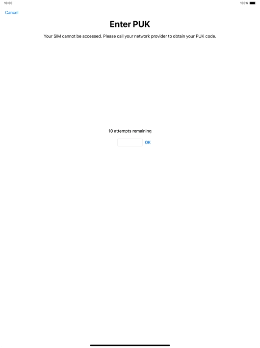 Key in the PUK and press OK.