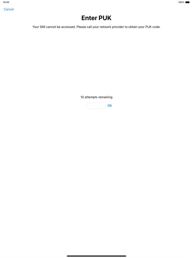 Key in the PUK and press OK.