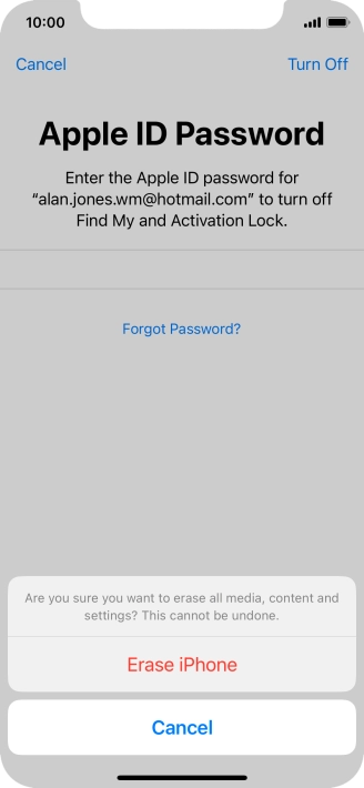 Key in the password for your Apple ID and press Erase iPhone. Wait a moment while the factory default settings are restored. Follow the instructions on the screen to set up your phone and prepare it for use.