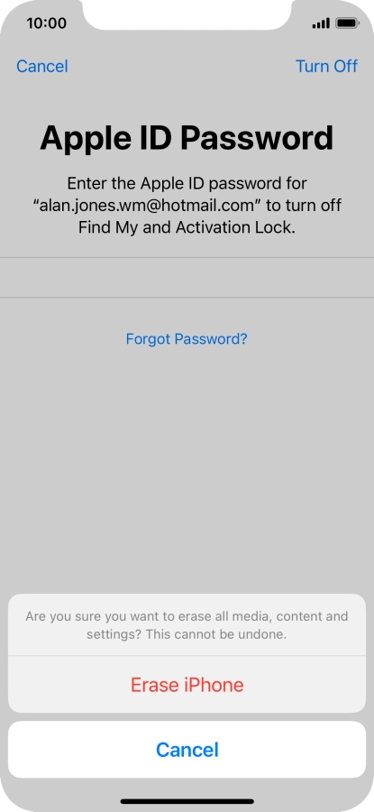 Key in the password for your Apple ID and press Erase iPhone. Wait a moment while the factory default settings are restored. Follow the instructions on the screen to set up your phone and prepare it for use.
