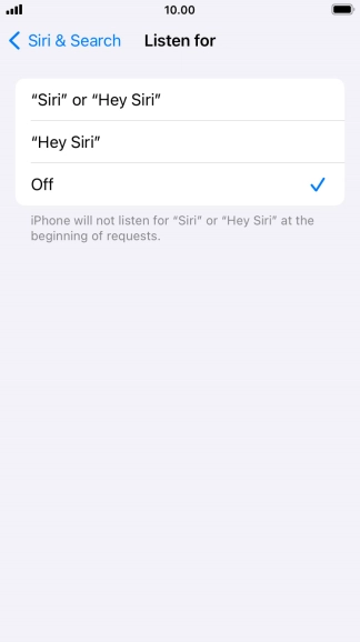 Press the required setting to turn the function on or off. If you turn on the function, you need to follow the instructions on the screen to set up Siri to recognise your voice.