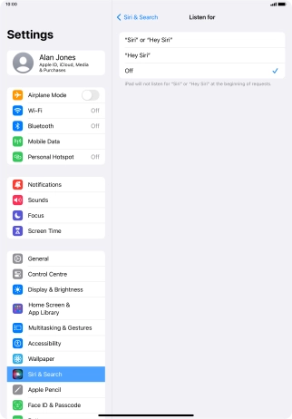 Press the required setting to turn the function on or off. If you turn on the function, you need to follow the instructions on the screen to set up Siri to recognise your voice.