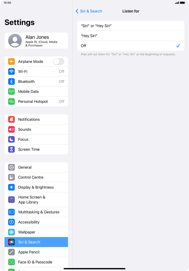 Press the required setting to turn the function on or off. If you turn on the function, you need to follow the instructions on the screen to set up Siri to recognise your voice.