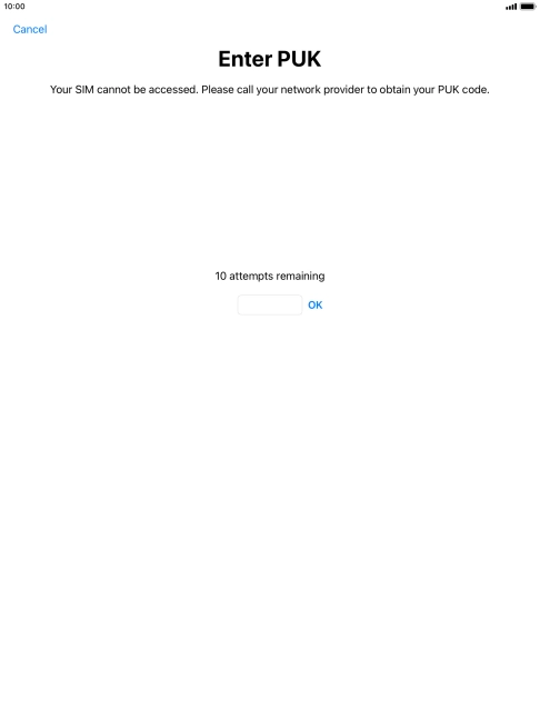 Key in the PUK and press OK.