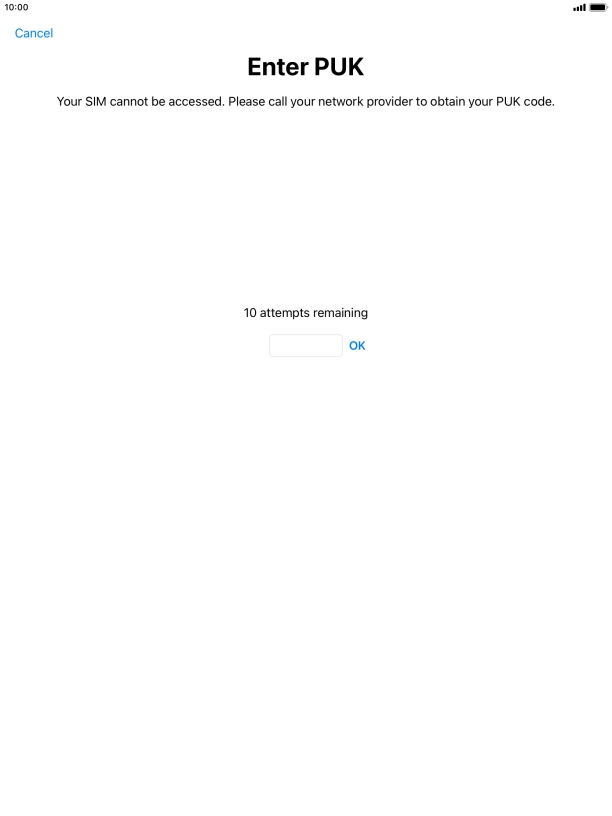 Key in the PUK and press OK.