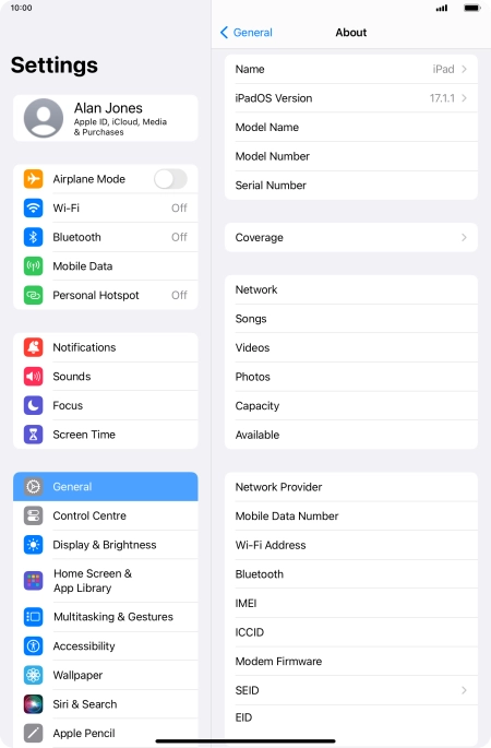 Your tablet's software version is displayed next to iPadOS Version.