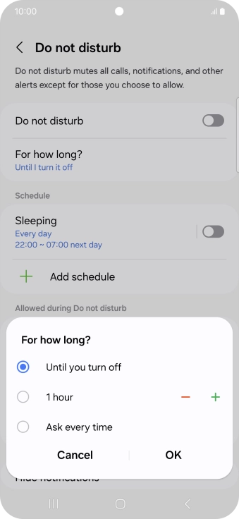 Press the required setting.