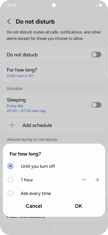Press the required setting.