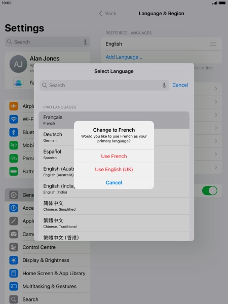 To select the new language as the default tablet language, press Use ‹language›. To select the new language as the default tablet language, press Use ‹language›.