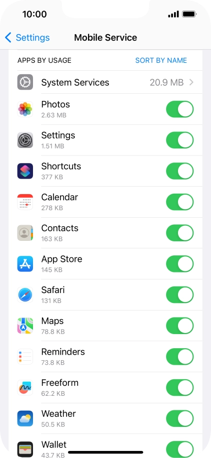 The data usage for each application is displayed below the name of the application.