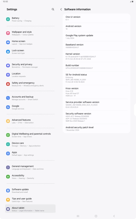 Your tablet's software version is displayed below Android version.